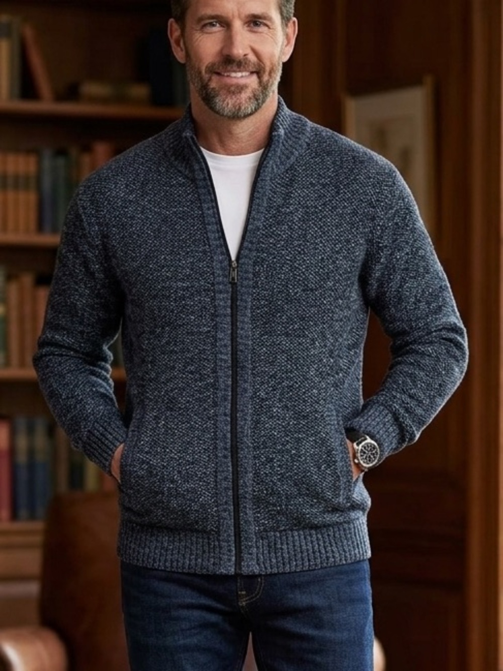 Men's Full Zip Knit Cardigan Sweater Jacket Blue Marl Mock Neck Large 1721